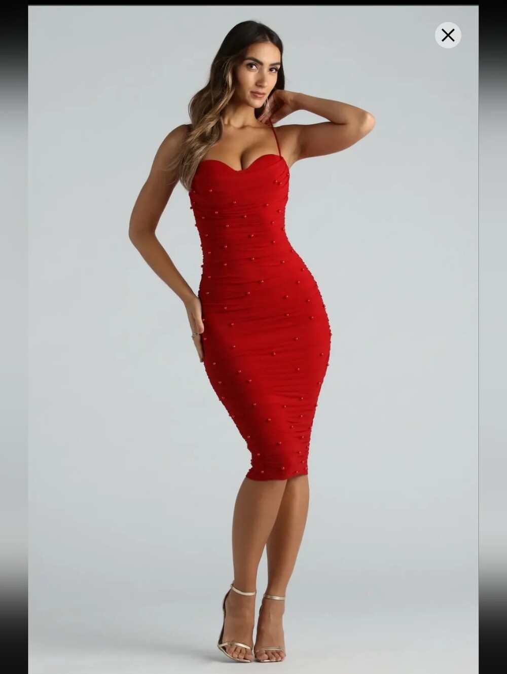 Zoe Formal Mesh Faux Pearl Midi Dress WINDSOR